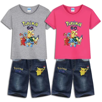 Pikachu animacija Periferiniai vaikų drabužiai berniukams ir mergaitėms Animacinis filmas Spausdinti marškinėliai Viršus trumpomis rankovėmis + džinsinių kelnių kostiumas