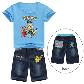 Pikachu animacija Periferiniai vaikų drabužiai berniukams ir mergaitėms Animacinis filmas Spausdinti marškinėliai Viršus trumpomis rankovėmis + džinsinių kelnių kostiumas 1