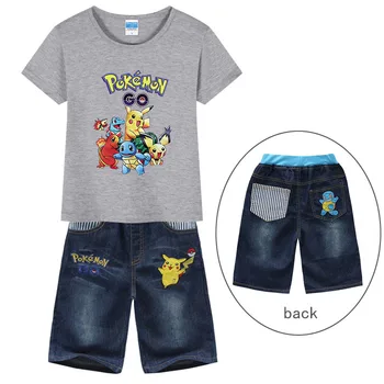 Pikachu animacija Periferiniai vaikų drabužiai berniukams ir mergaitėms Animacinis filmas Spausdinti marškinėliai Viršus trumpomis rankovėmis + džinsinių kelnių kostiumas 3