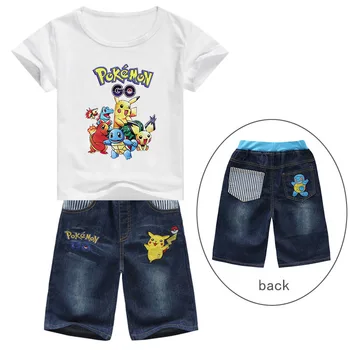 Pikachu animacija Periferiniai vaikų drabužiai berniukams ir mergaitėms Animacinis filmas Spausdinti marškinėliai Viršus trumpomis rankovėmis + džinsinių kelnių kostiumas 5