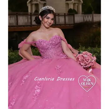 Pink Illusion Bow Crystal Quinceanera suknelė Ball Chalatas Nuo pečių aplikacijos Nėrinių korsetas Saldus 15 Vestidos De Quinceañera