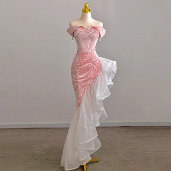 Pink Sequin Irregular Mermaid Vakarinė suknelė Moterys 2023 Prabangios putojančios perlinės puokštės Prom suknelės Elegantiška suvarstoma vakarėlio suknelė