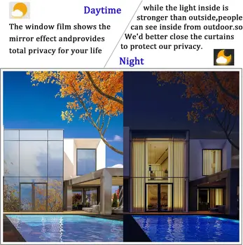 privatumo lango plėvelė vienpusis veidrodis, lipnus atspindintis lango atspalvis, anti UV šilumą kontroliuojanti stiklo plėvelė namų biurui 4