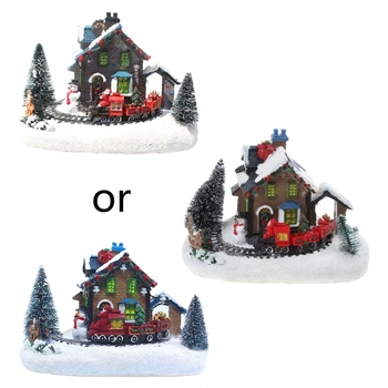 Q1QC Šviečiantis kraštovaizdis Sniego figūrėlės dervos dekoras Kalėdų mažas traukinys Kaimo namas