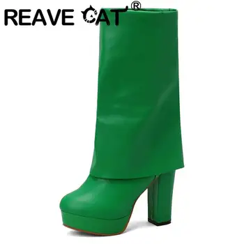 REAVE CAT Fashion Female Boots Shaft 24cm High Block Heel 11cm Platform 2.5cm Round Toe Zipper Plus Size 32-48 Solid Party Shoes