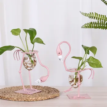 Rožinis flamingo dekoravimas kūrybinis stiklas darbastalio hidroponinis augalas bonsai žalios vazos gėlių kompozicijos konteineris namų dekoravimas