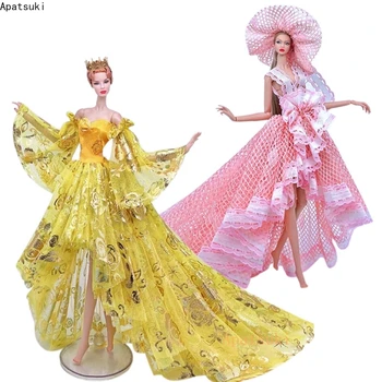 Rožinė auksinė rankų darbo vestuvinė suknelė Barbei Lėlių apranga Drabužiai Ilgas uodegos vakarėlio chalatas Žaislai vaikams 1:6 Lėlių aksesuarai