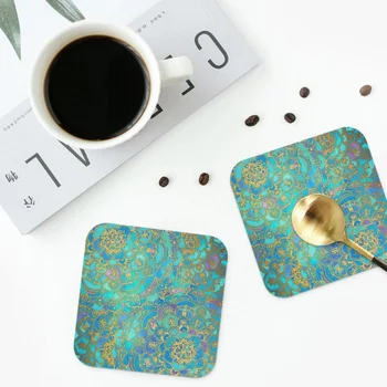 Sapphire Jade Vitražas Mandalas Coasters Kitchen Placemats Neslidus izoliacinis puodelis Kavos kilimėliai Namų indų pagalvėlės 4 rinkinys
