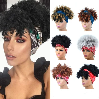 Short Kinky Garbanotas galvos juostos perukai juodaodėms moterims Afro Bouncy Garbanoti perukai su šaliku Sintetinis juodas Cosplay perukas Atsparus karščiui