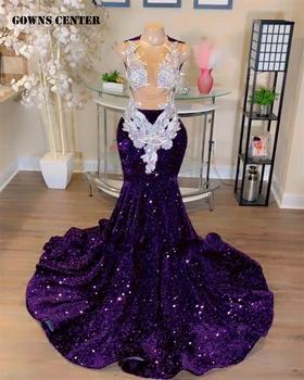 Sliver Kuts Purple Sequin Mermaid Prom Suknelės karoliukais Aplikacijos Gimtadienio suknelė juodaodei merginai Prabangios 2024 m. Kokteilinės suknelės