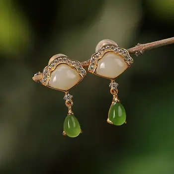 Solid 925 Sterling Silver Wth Natural White and Green Jade Dangle auskarai 0,79