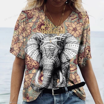 Spalvingas ELEPHANT Print Moteriški marškinėliai trumpomis rankovėmis V Kaklas Laisvos moterys Tshirt Ladies Bohemijos etninio stiliaus marškinėliai Trikotažiniai marškiniai Tops Mujer