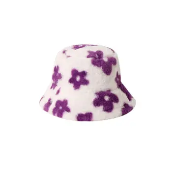 Stora gėlė Pliušinė žvejo kepurė Retro pūkuotas dirbtinis kailis Pliušinis kaušas Kepurė Pupelių baseino kepurė Pliušinė žvejo skrybėlė Mergina