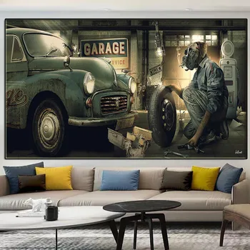Vintage Cool Bulldog Repair Car Canvas Painting Modern Popular Animal Wall Art Poster and Print Interior Home Decoration Mural