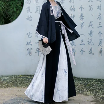 Vintažinis Balck Hanfu kostiumas Kinų liekna suknelė Moterys Bambuko siuvinėjimas Plisuotas sijonas Daina Dinastijos drabužiai