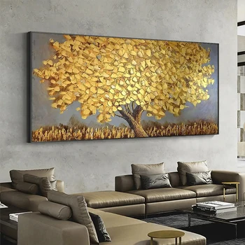 Vintažinis didelis aukso medis Didelis abstraktus plakatas Aukso folijos medis lPeizažo drobė Moderni svetainė Namų sienų meno dekoro paveikslai