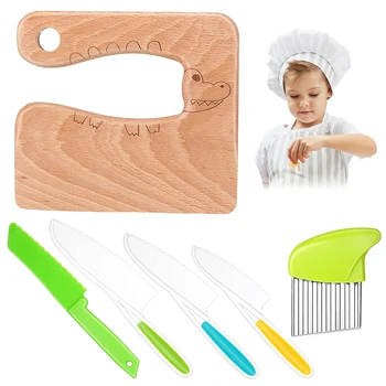 Virtuvės aksesuarai 6PCS medinių vaikų peilių rinkinys Saugus plastikinis vaisių peilis Bulvių pjaustyklės Dantyti peiliai Plokščias peilis Virimo įrankiai