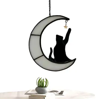 Vitražas Katė ant Mėnulio lango Kabantis pakabukas Saulės gaudytojas Meilužis Dovana Namų dekoras Akrilo angelo sparnas Juodas katės ornamentas