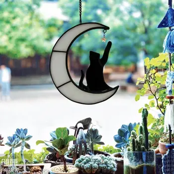 Vitražas Katė ant Mėnulio lango Kabantis pakabukas Saulės gaudytojas Meilužis Dovana Namų dekoras Akrilo angelo sparnas Juodas katės ornamentas 3