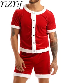 Vyrai Kalėdų Senelio kostiumas Puošni suknelė Suaugusiųjų kostiumas Cosplay vakarėlio apranga Apvalus kaklas Mygtukas žemyn Marškinėlių viršus ir šortai
