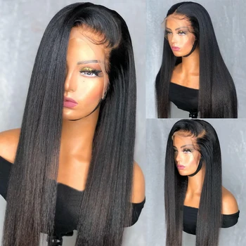 Yaki 26Inch Long Soft 180%Density Lipeless Kinky Straight Lace Front Wig for Women BabyHair Natural Black Heat Resistant Daily