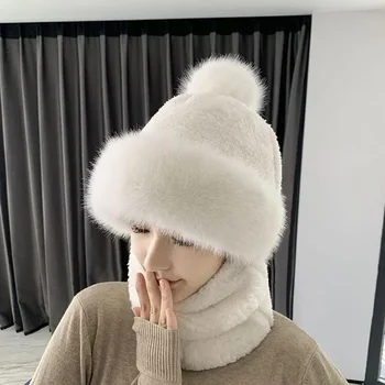 Žieminių šalikų komplektas su gobtuvu moterims Pliušinis kaklas Šiltas Rusijos lauko slidės Vėjo nepraleidžianti kepurė Stora pliušinė pūkuota pupelė