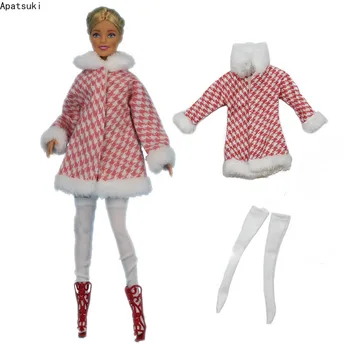 Žiemos šiltų drabužių komplektas Barbės lėlės aprangai Rožinis skalikas Pleded kailinis Kojinės Barbei 1/6 lėlių aksesuarai