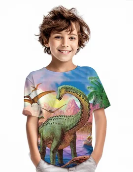 【Dinozaurų serija 】Berniukai trumpomis rankovėmis Tee Naujumas Spalvingas dinozaurų pasaulis Atsitiktinės viršūnės